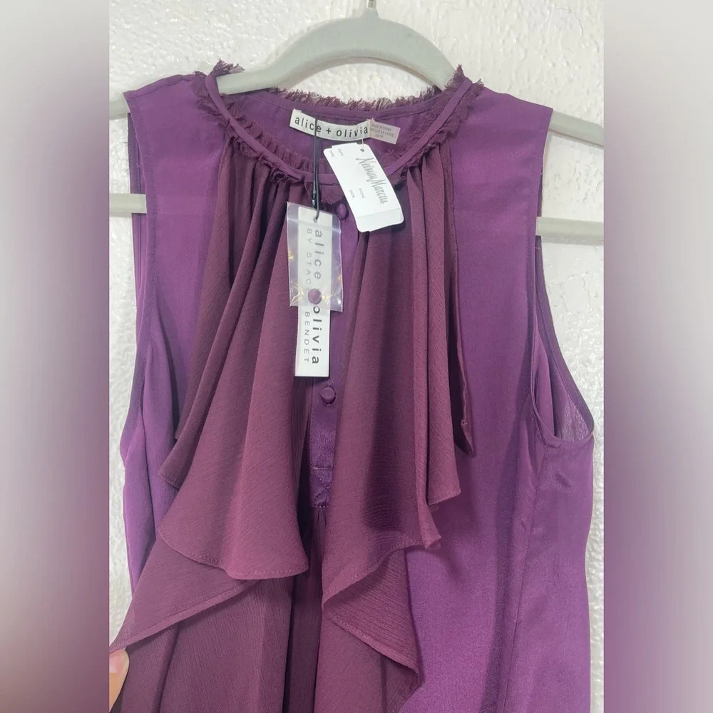 Alice + Olivia Silk Elisa High Neck Wine Merlot Ruffle Sleeveless Top Women’s XS - Picture 3 of 16